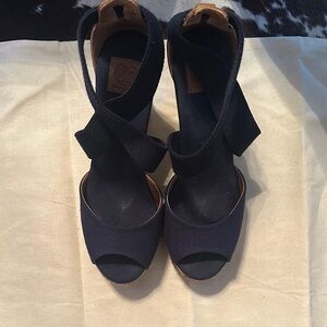 Tory Burch Black Wedge Heels with Fabric Ankle Straps